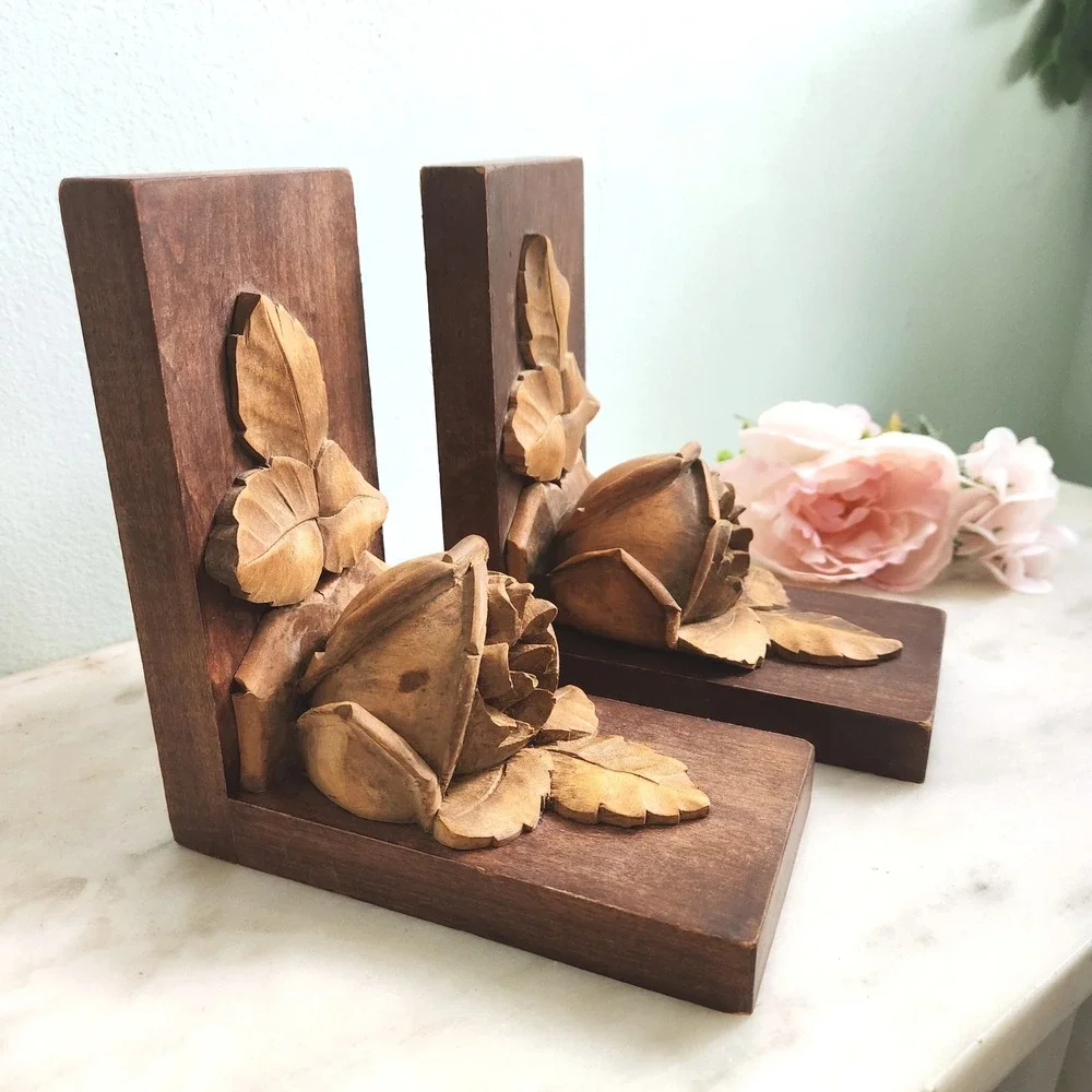 Antique Rose Wood Bookends Hand Carved‎ Floral Library French Country Decor